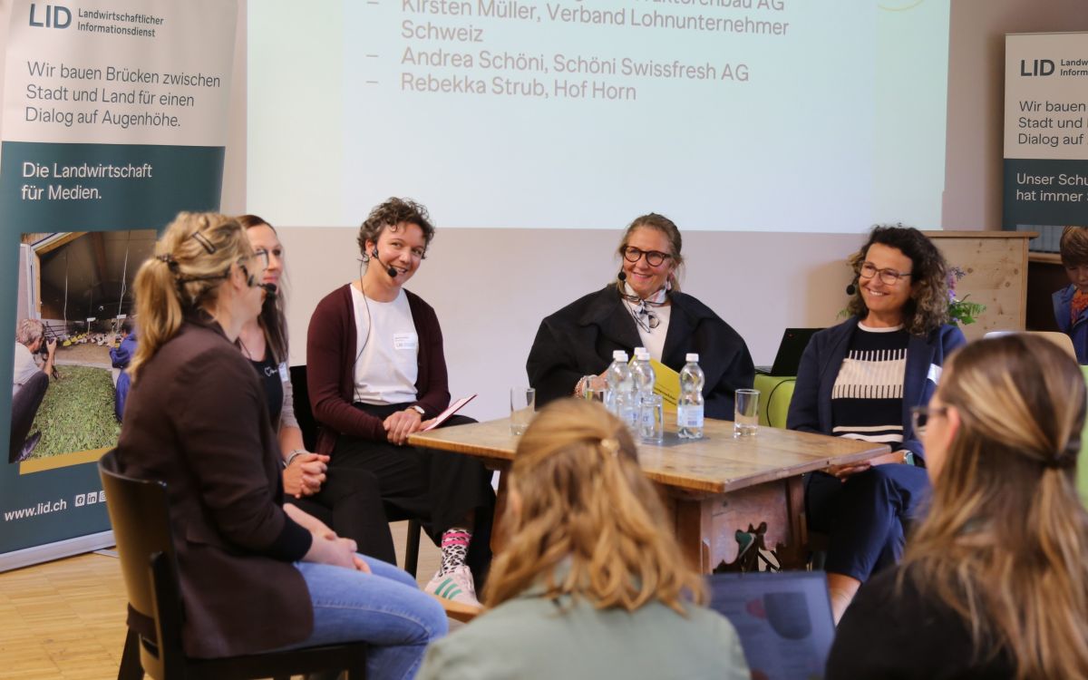 Rebekka Strub, Theres Beutler, Martina Hunziker (Moderatorin), Kirsten Müller und Andrea Schöni bei der Podiumsdiskussion auf dem Ballenberg